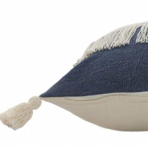14" X 36" Denim Blue And Off-White 100% Cotton Zippered Pillow
