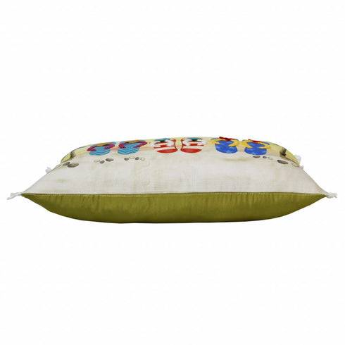 14" X 20" Green Blue And Ivory Flip Flops Lumbar Throw Pillow with Fringe