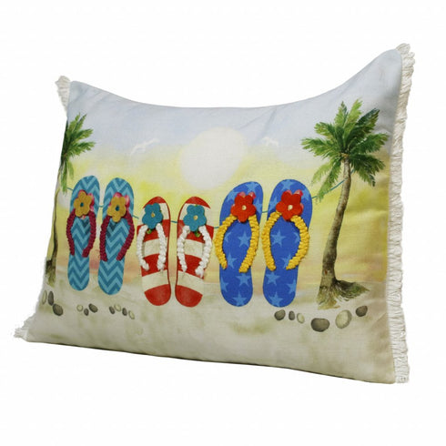 14" X 20" Green Blue And Ivory Flip Flops Lumbar Throw Pillow with Fringe