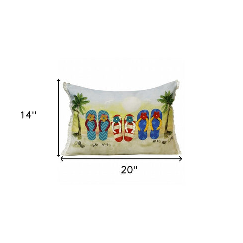 14" X 20" Green Blue And Ivory Flip Flops Lumbar Throw Pillow with Fringe
