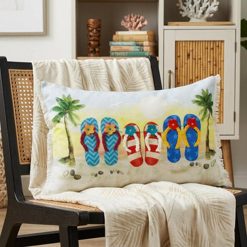 14" X 20" Green Blue And Ivory Flip Flops Lumbar Throw Pillow with Fringe