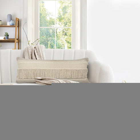 14" X 36" Beige And Gray Cotton Chevron Throw Pillow