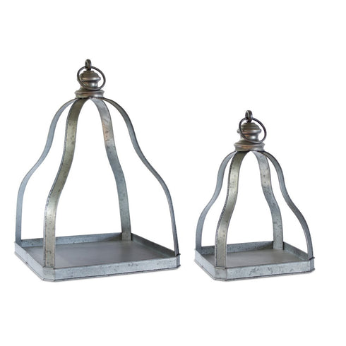 Set of Two Gray Distressed Galvanized Metal Tabletop Lantern Candle Holders