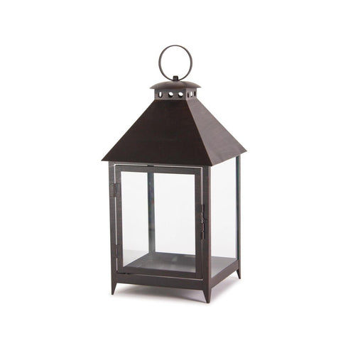 Set of Two Black Geometric Iron And Glass Floor Lantern Candle Holders