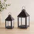 Set of Two Black Geometric Iron And Glass Floor Lantern Candle Holders