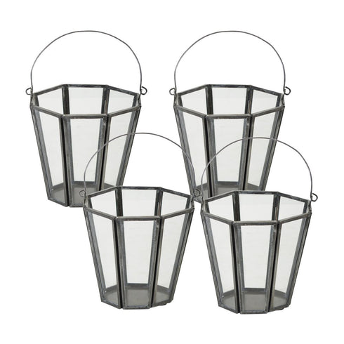 Set of Four Gray Distressed Geometric Iron And Glass Tabletop Votive Candle Holders