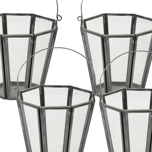 Set of Four Gray Distressed Geometric Iron And Glass Tabletop Votive Candle Holders