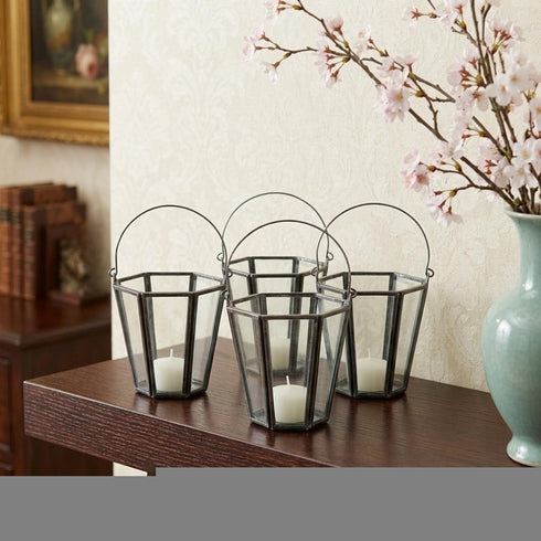 Set of Four Gray Distressed Geometric Iron And Glass Tabletop Votive Candle Holders