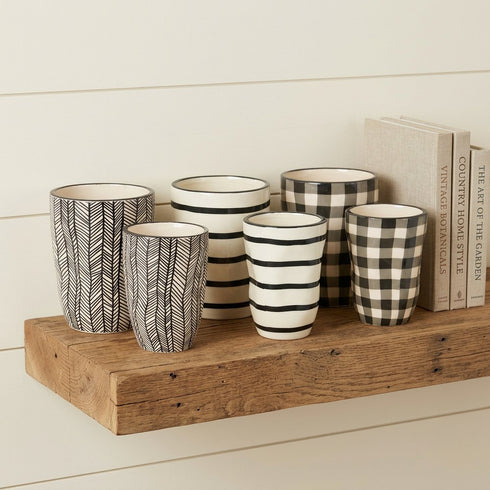 Set of Six Black And Ivory Ceramic 2 Ounce Geometric Round Pot Planters