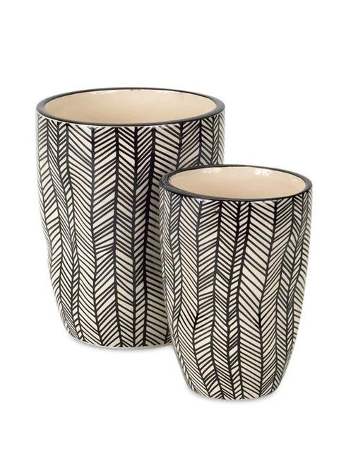 Set of Six Black And Ivory Ceramic 2 Ounce Geometric Round Pot Planters