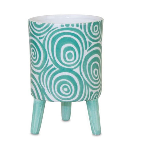 Set of Two Aqua Teal And White Ceramic 2 Ounce Chevron Round Distressed Pot Planters