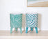 Set of Two Aqua Teal And White Ceramic 2 Ounce Chevron Round Distressed Pot Planters