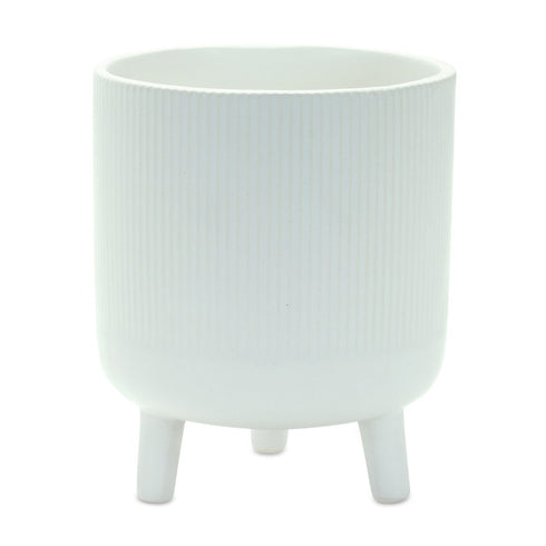Set of Two White Ceramic Striped Footed Pot Planters