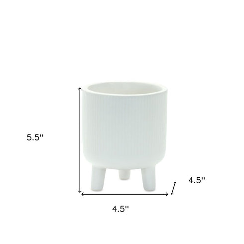 Set of Two White Ceramic Striped Footed Pot Planters