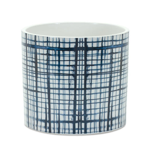 Set of Two White And Blue Ceramic Lattice 2 Ounce Round Pot Planters
