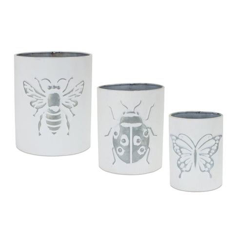 Set of Three White And Gray Metal 9 Ounce Abstract Round Distressed Pot Planters