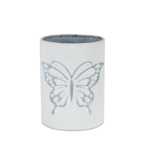 Set of Three White And Gray Metal 9 Ounce Abstract Round Distressed Pot Planters