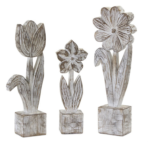 Set of Three Gray Cement And Polyresin Flowers Tabletop Sculpture