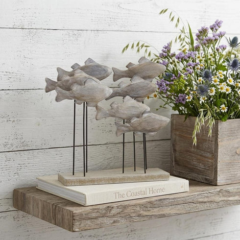 9" Brown Metal And Wood School Of Fish Tabletop Sculpture