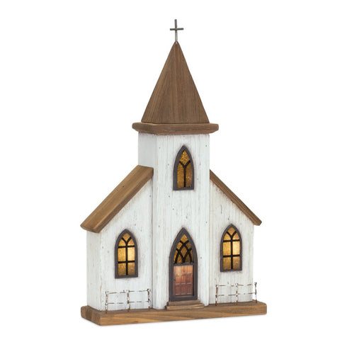 18" Brown And White Wood And Metal Church Tabletop Sculpture