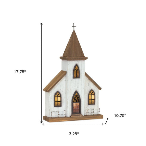 18" Brown And White Wood And Metal Church Tabletop Sculpture