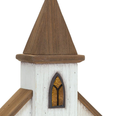 18" Brown And White Wood And Metal Church Tabletop Sculpture