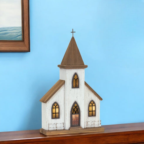 18" Brown And White Wood And Metal Church Tabletop Sculpture