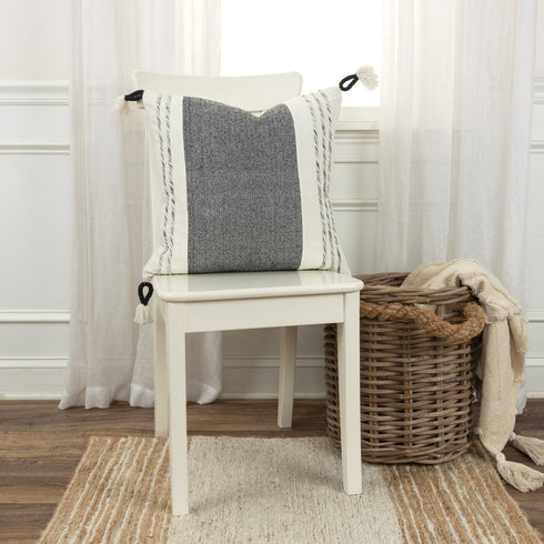 20" White and Black Striped Cotton Throw Pillow with Tassels and Texture