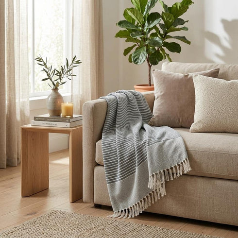 Gray and White Woven Recycled PET Polyester Throw Blanket with Tassels