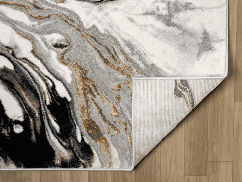 White and Gold with Blue or Black Modern Abstract Flow Area Rug