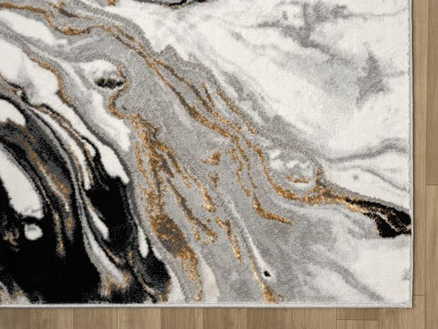 White and Gold with Blue or Black Modern Abstract Flow Area Rug