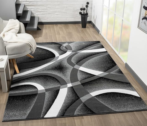 Grey, Black, White Modern Abstract Area Rug