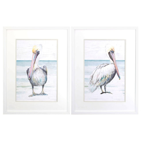 Set Of Two Pelican on the Shore White Framed Print Wall Art