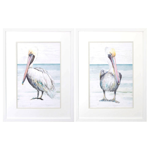 Set Of Two Pelican on the Shore White Framed Print Wall Art