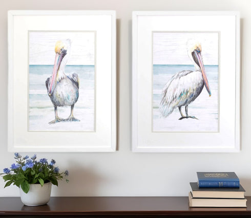 Set Of Two Pelican on the Shore White Framed Print Wall Art