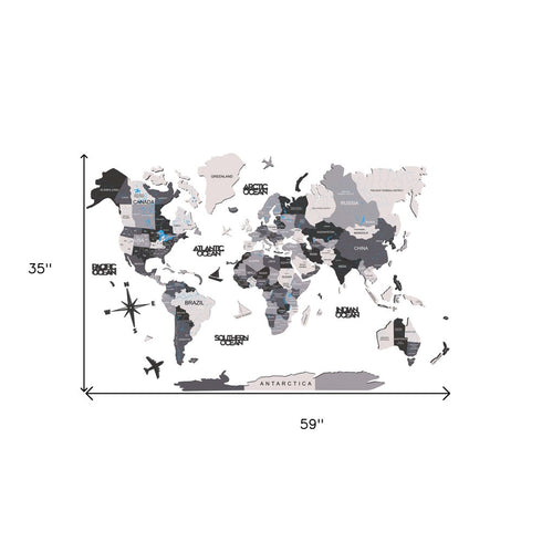 35" X 59" Black Gray and White Wood World Map Hanging Dimensional Sculpture