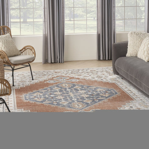 8' X 10' Gray Orange And Ivory Floral Medallion Distressed Washable Area Rug