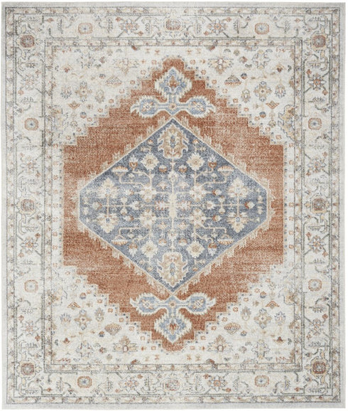 8' X 10' Gray Orange And Ivory Floral Medallion Distressed Washable Area Rug