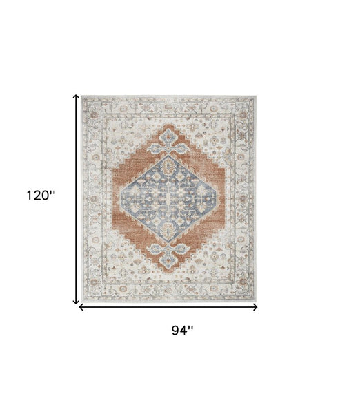 8' X 10' Gray Orange And Ivory Floral Medallion Distressed Washable Area Rug