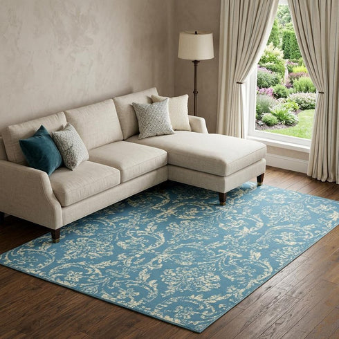 8' X 10' Blue Damask Power Loom Area Rug