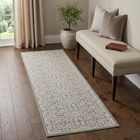 7' Gray Floral Power Loom Runner Rug