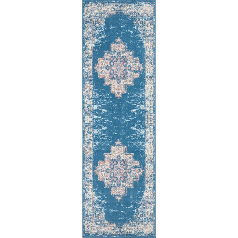 8' Blue Damask Power Loom Runner Rug