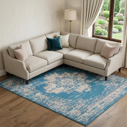 8' X 10' Blue Damask Power Loom Area Rug