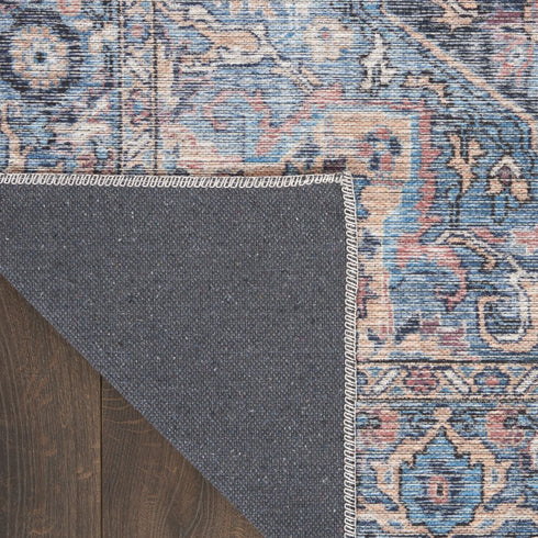 9' X 12' Blue And Pink Floral Power Loom Distressed Washable Area Rug