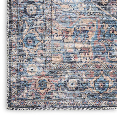 8' Blue Floral Power Loom Distressed Washable Runner Rug