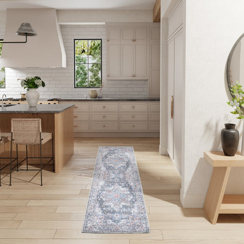 8' Blue Floral Power Loom Distressed Washable Runner Rug