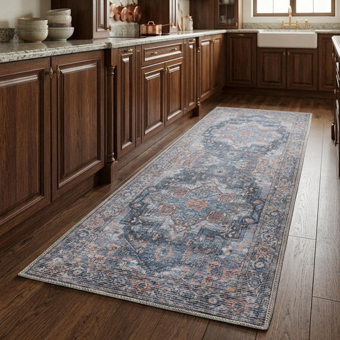 8' Blue Floral Power Loom Distressed Washable Runner Rug