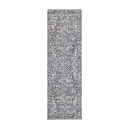 8' Gray Floral Power Loom Distressed Washable Runner Rug