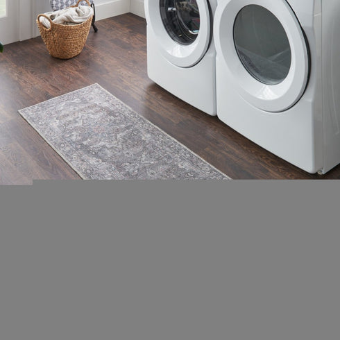 8' Gray Floral Power Loom Distressed Washable Runner Rug
