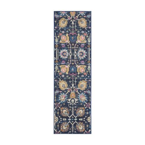 6' Navy Blue Floral Power Loom Runner Rug